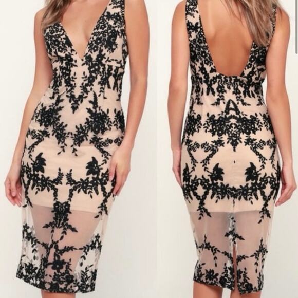 BARDOT NEW Women's 12 XL Embroidered Nude Black Overlay Midi Dress Sexy Sheath - Picture 7 of 16